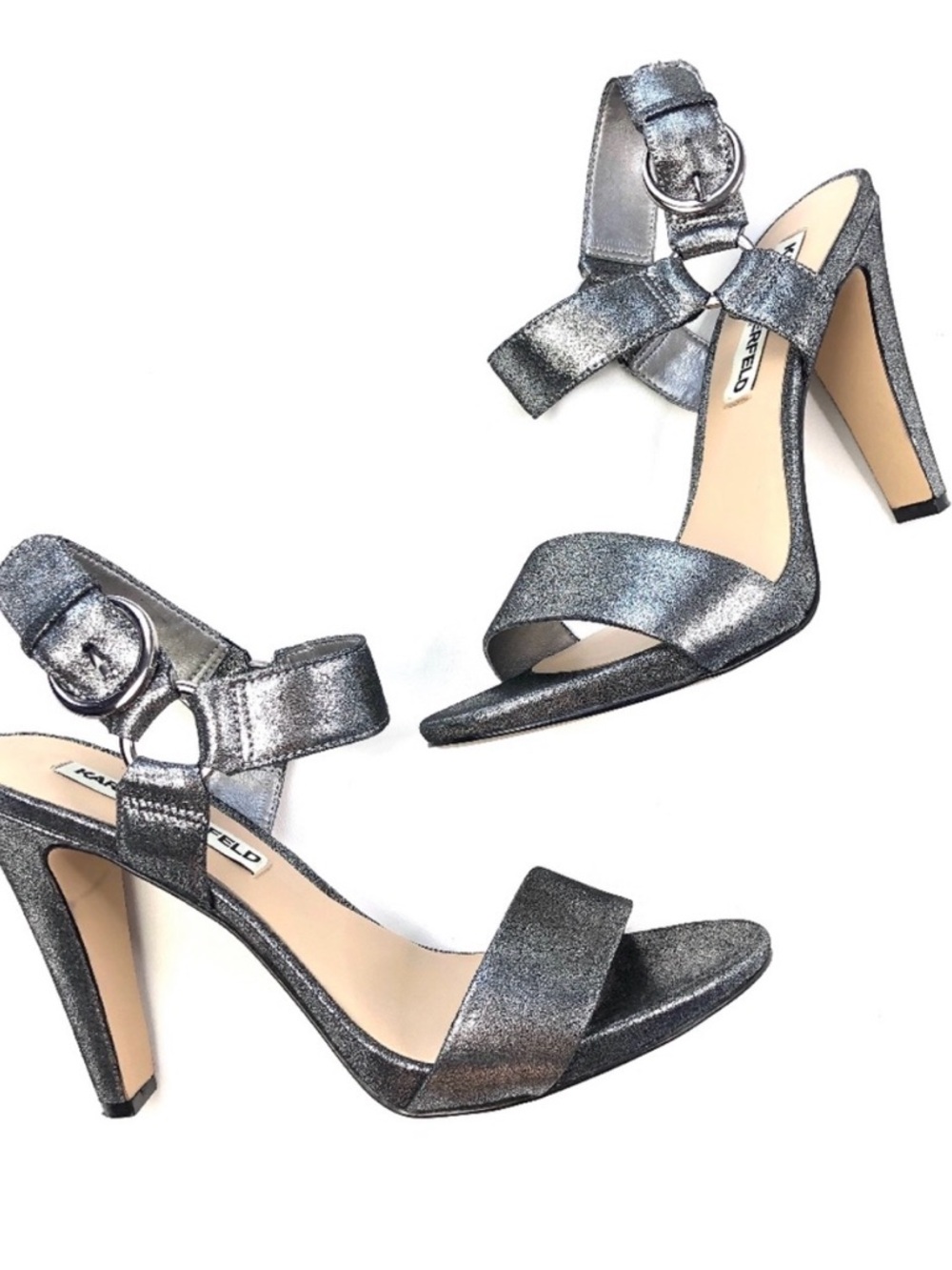 Karl Lagerfeld Silver Glitter Ankle Strap Block Heels